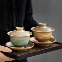 manual kiln change cover bowl sancai tea bowl large tea cup with cover single retro style creative tea set tea ceremony