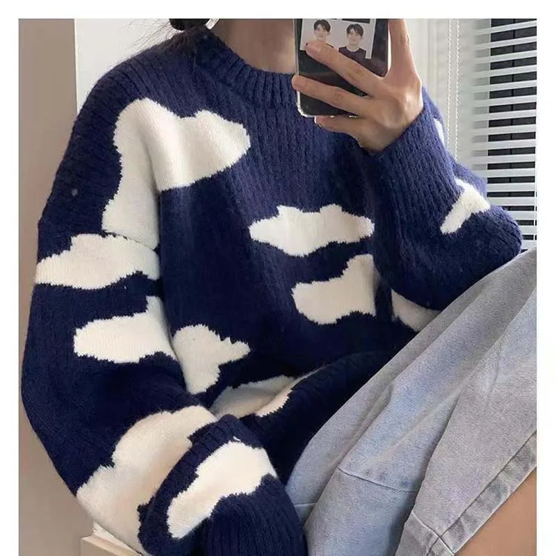 Korean Version Of The Hong Kong Flavor Round Neck Blue Sky White Cloud Sweater Men And Women Students Autumn And Winter Sets, Wi