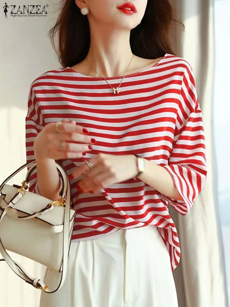 

Коллекция 2023 года, блузка ZANZEA в богемную полоску с принтом, летняя модная женская рубашка для отдыха, женская рубашка с полурукавом и круглым вырезом, Женская Повседневная Туника, топы