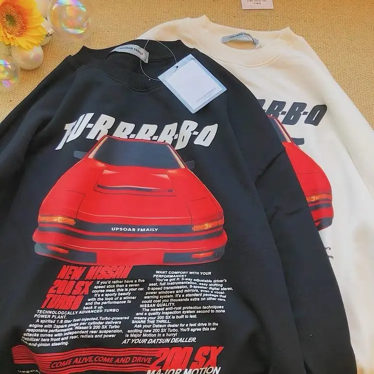 

New American Retro Vintage Car Tide Brand Printing Sweatshirt Women Couple Oversize Hoodies Long Sleeve Loose Spring Casual Tops