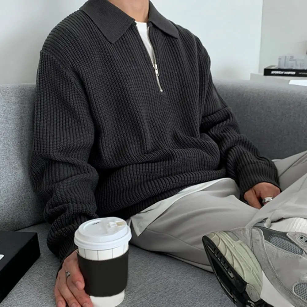 Мужской пуловер мужской свитер на полумолнии с отложным воротником однотонный