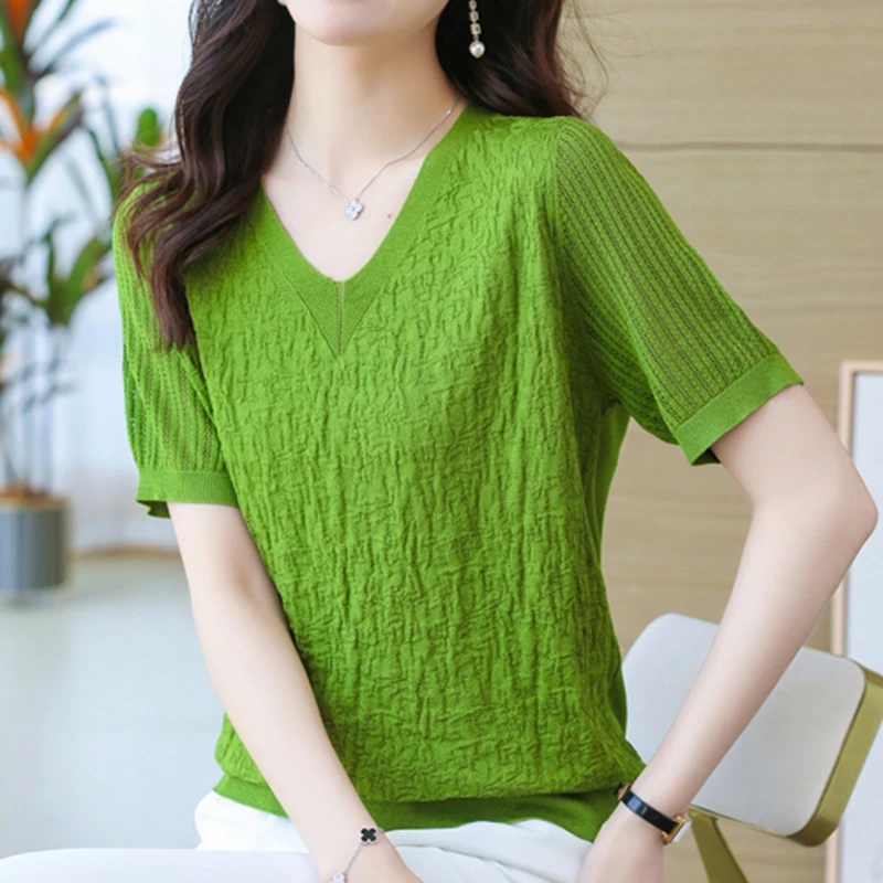 

Camisetas 2023 Summer New Short Sleeve T Shirt For Women V Neck Knitted Tops Female Loose Tshirts Korean Fashion Womens Clothing