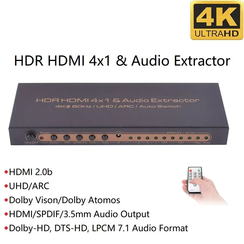 HDMI переключатель 4x1 4K x 2K 60 Гц SPDIF Toslink Цифровой 5,1 HDMI 7,1 аудио выход HDR UHD ARC 4 в 1 выход HDMI аудио экстрактор конвертер