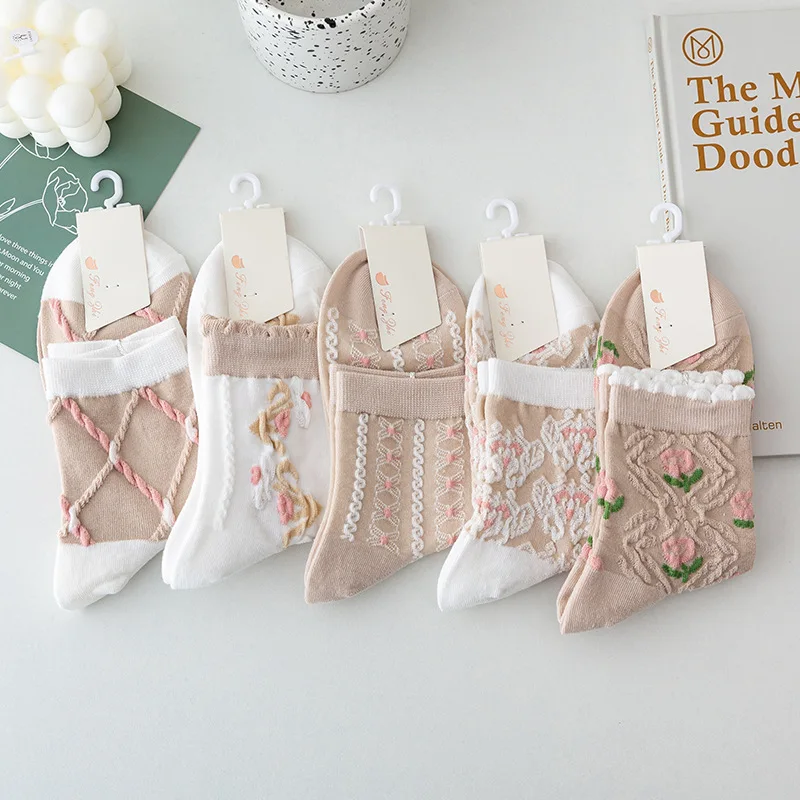5Pairs Women Socks Sets Elegant Retro Polyester Cotton Low Tube Women Socks Breathable Japanese Style Casual Cotton Short Sock