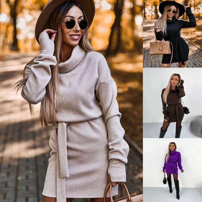 

Fashion Turtleneck Belt Cotton Dress For Women Autumn Winter New Long Sleeve Elegant Office Ladies Vestidos Party Mini Dresses