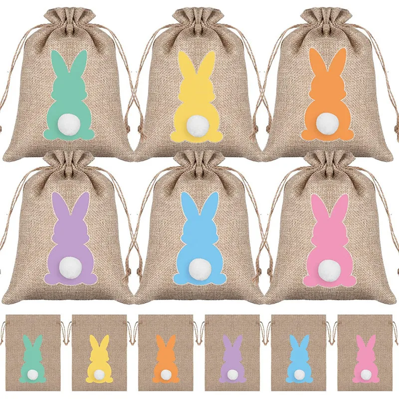 

6Pcs Easter Linen Gift Bag Spring Easter Party Bunny Candy Cookie Packaging Bags Kids Birthday Party Decoration Rabbit Pouch
