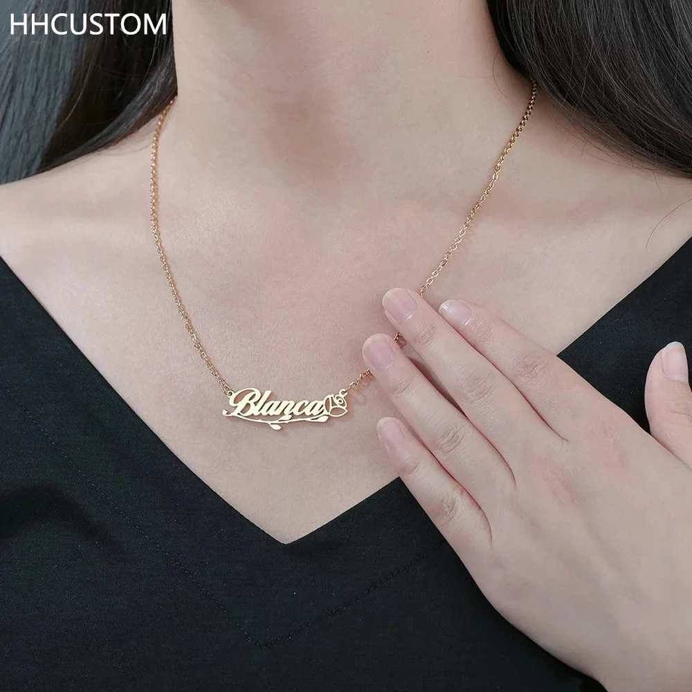 

HHCUSTOM Custom Rose Name Necklaces Personality Stainless Steel Flower Nameplate Pendant Choker Jewelry For Women Birthday Gifts