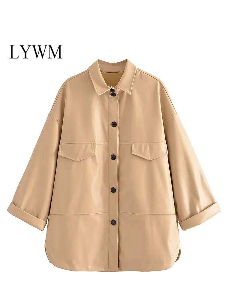 

LYWM Women Fashion Outwears Faux Leather Jacket Coat Vintage Long Sleeves Single Breasted Female Chic Lady Outfits