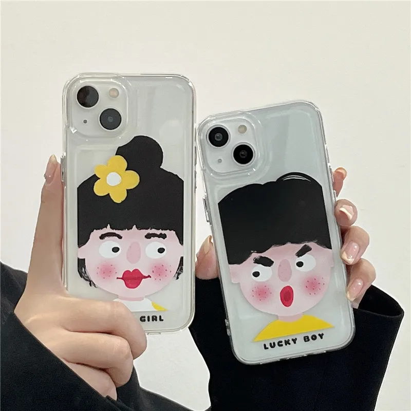 

Cute Cartoon Couple Phone Cases For iPhone 13 12 11 Pro MAX XS X XR Clear Back Cover Space Case Optional Card