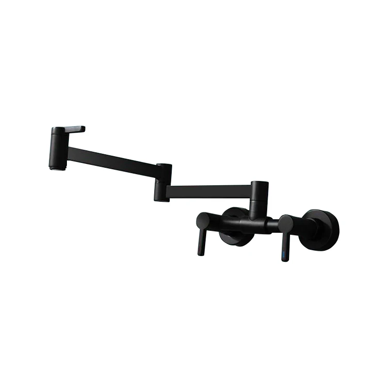 

Double Joint Swing Arms Brass Fold Hot & Cold Basin Tap Mixer , Two Holes Two Handles Wall Mount Kitchen Faucet, Matte Black