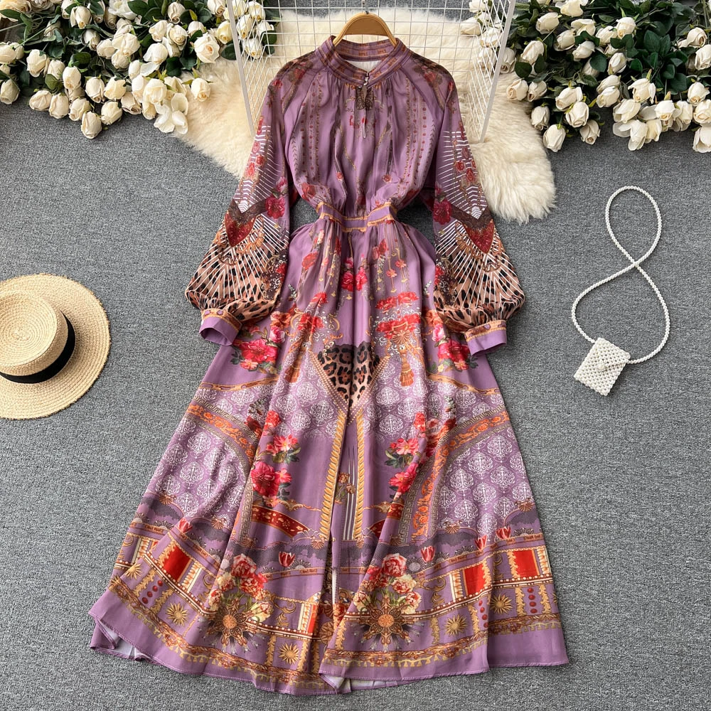 

Clothland Women Vintage Print Maxi Vestido Long Sleeve O Neck Retro Casual Ankle Length Vestidos Mujer LA514