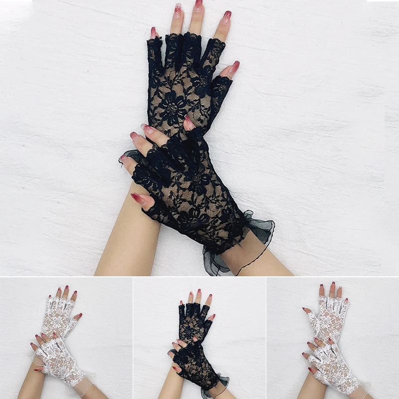 

Women Ladies UV Sun Protection Lace Gloves Short Half Finger Mittens Driving Gloves Thin Fingerless Gloves Sexy Wedding Bridal