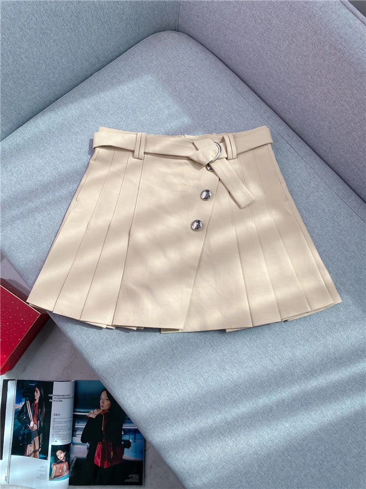 

Pleated High Waist A-line Cotton Half Skirt 2023 Early Autumn French Women's Commuter Khaki Belt Peplum Asymmetric Short Skirt