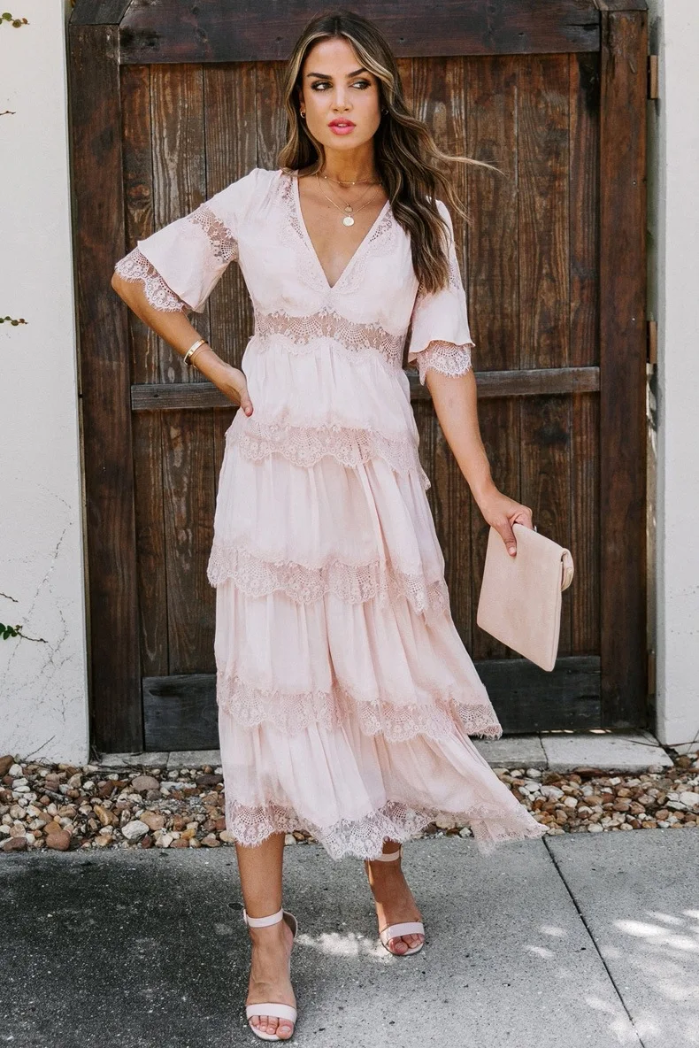 PLEINDI Luxurious Evening Dresses V-Neck A-LINE Half Sleeve Tea-Length Lace 2022 New of Tiered Exquisite Prom Women Dress