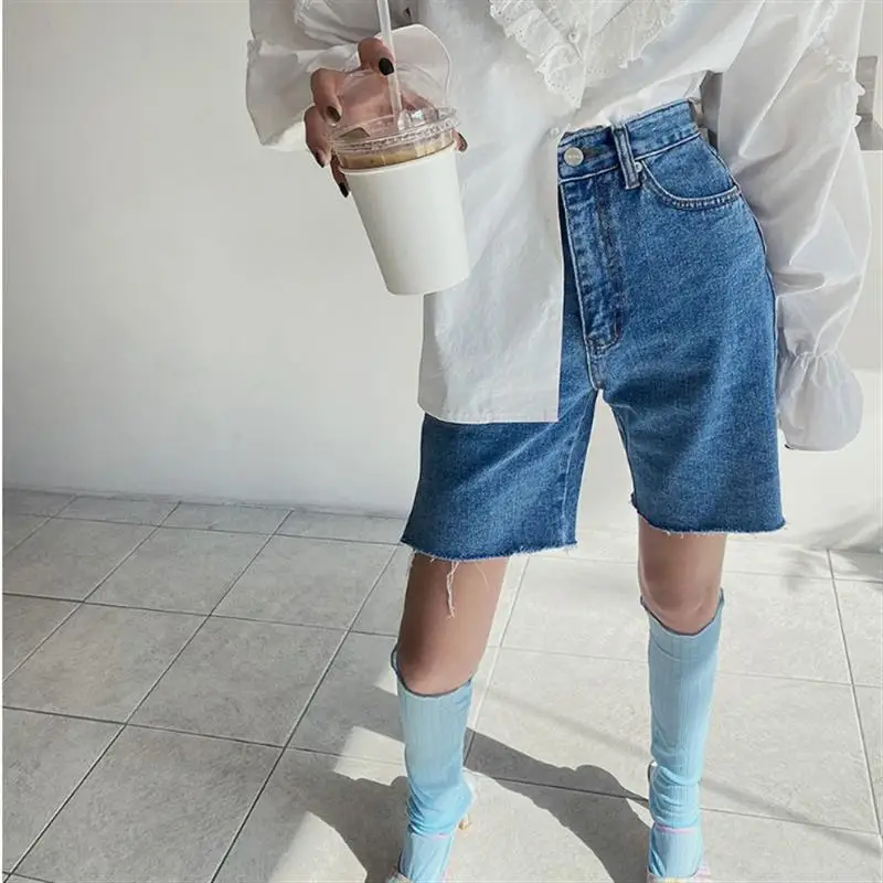 

Denim Shorts Women 2022 New Spring Casual High Waist Loose Pockets Female Straight Blue Jeans Shorts Female Basic Streetwear