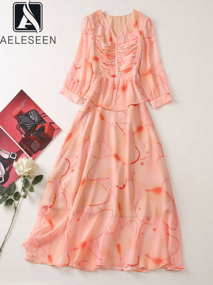 

AELESEEN Pink Chiffon Long Dress Women Runway Fashion V-Neck 3/4 Lantern Sleeve Draped Flower Print Elegant Boho Party