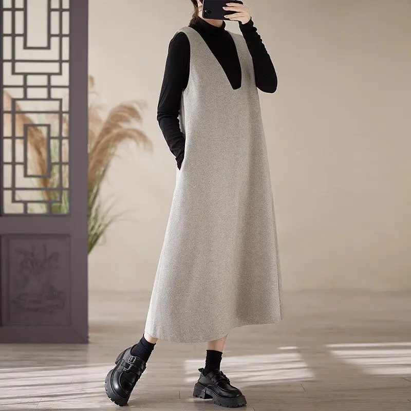 Осенне-зимнее модное шерстяное платье-майка без рукавов 2024 новое платье-жилет