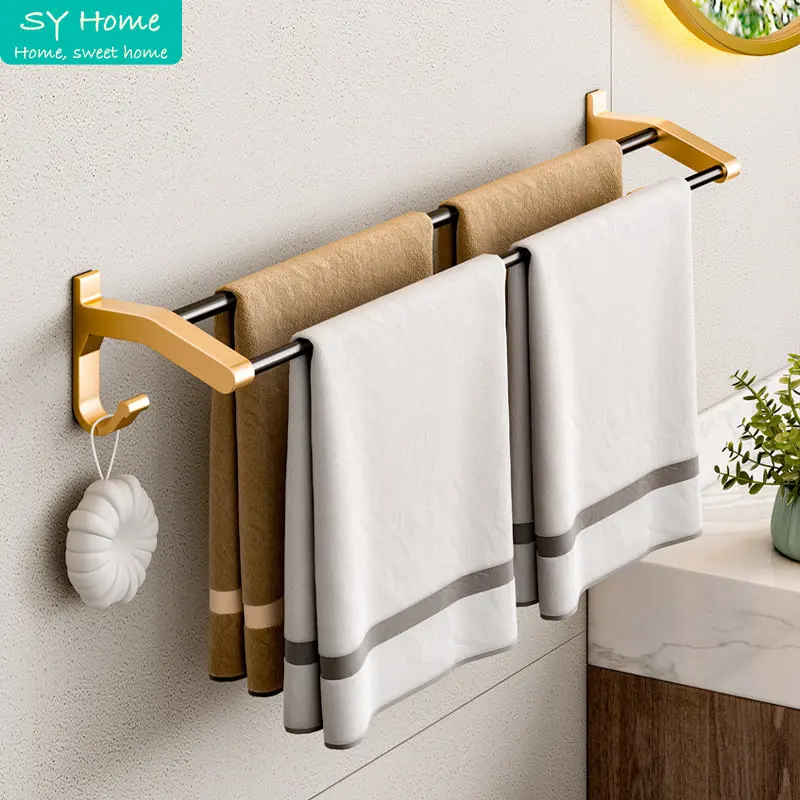 

Space Aluminum Towel Rack Light Luxury Holder Movable Hook Wall Mount Shelf Shower Rail Hanger With Bar Bathroom Accessories