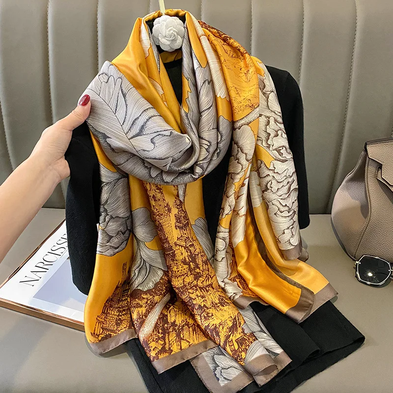 

Printed Silk Scarf for Women Bandanna Muffler Girl Pareo Female Foulard Vintage Summer Scarf Shawls Luxury Brand Long Scarf