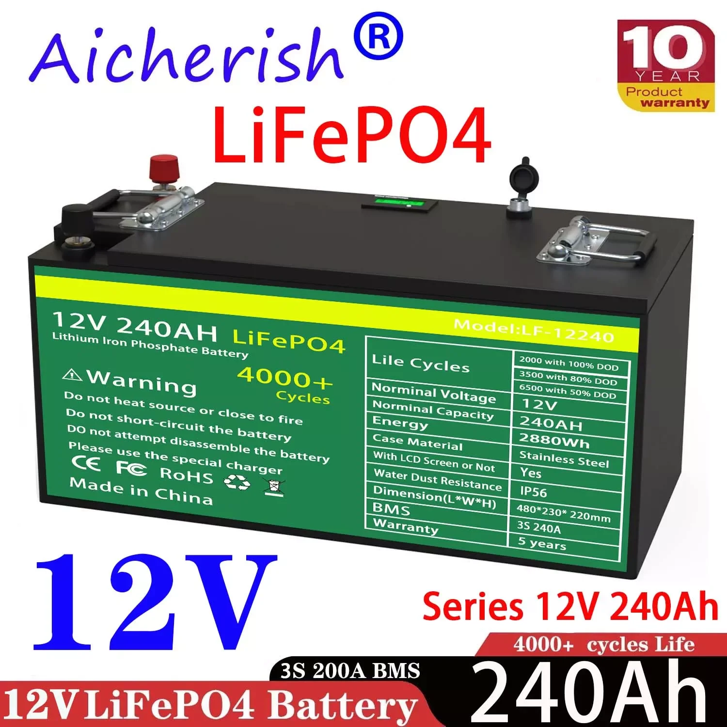 

2022 New Grade A LiFePO4 Battery 12V 240Ah Built-in 3S240A BMS 48V Lithium Iron Phosphate IPX5 Solar Rechargeable Battery
