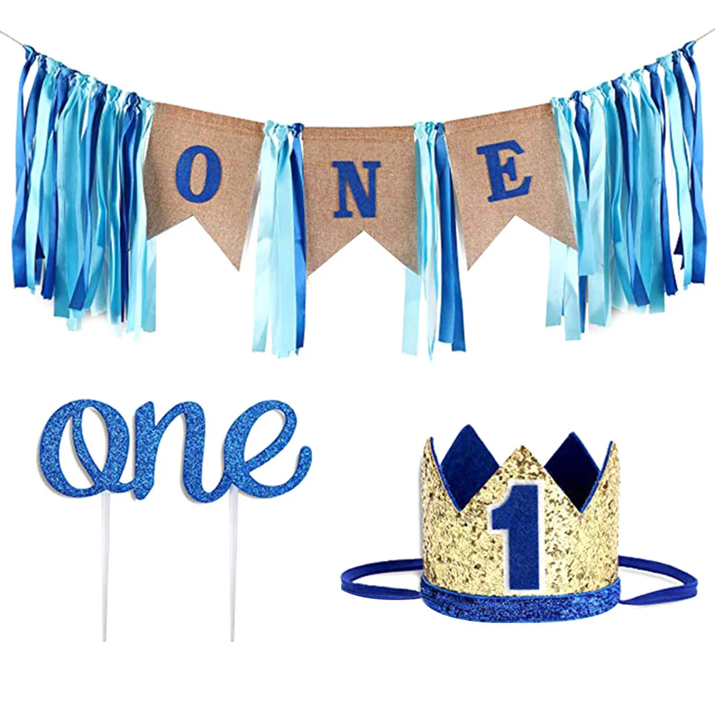 

3PCS One Letter Banner Baby One Year Letter Birthday Cake Banner Party Crown Plugin Birthday Headwear Dinette Set for