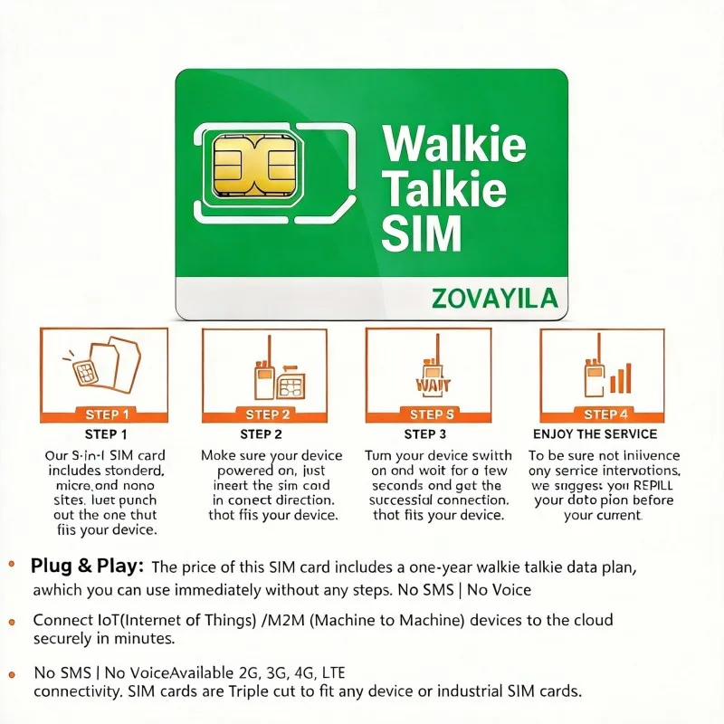 Фото SIM-карта для рации, без контракта, тарифный план 300 МБ/30 дней, LTE Cat1/Cat4 PTT-радио, предварительно нарезанная SIM-карта 3FF, ZOVAGOLO EUROPE №3