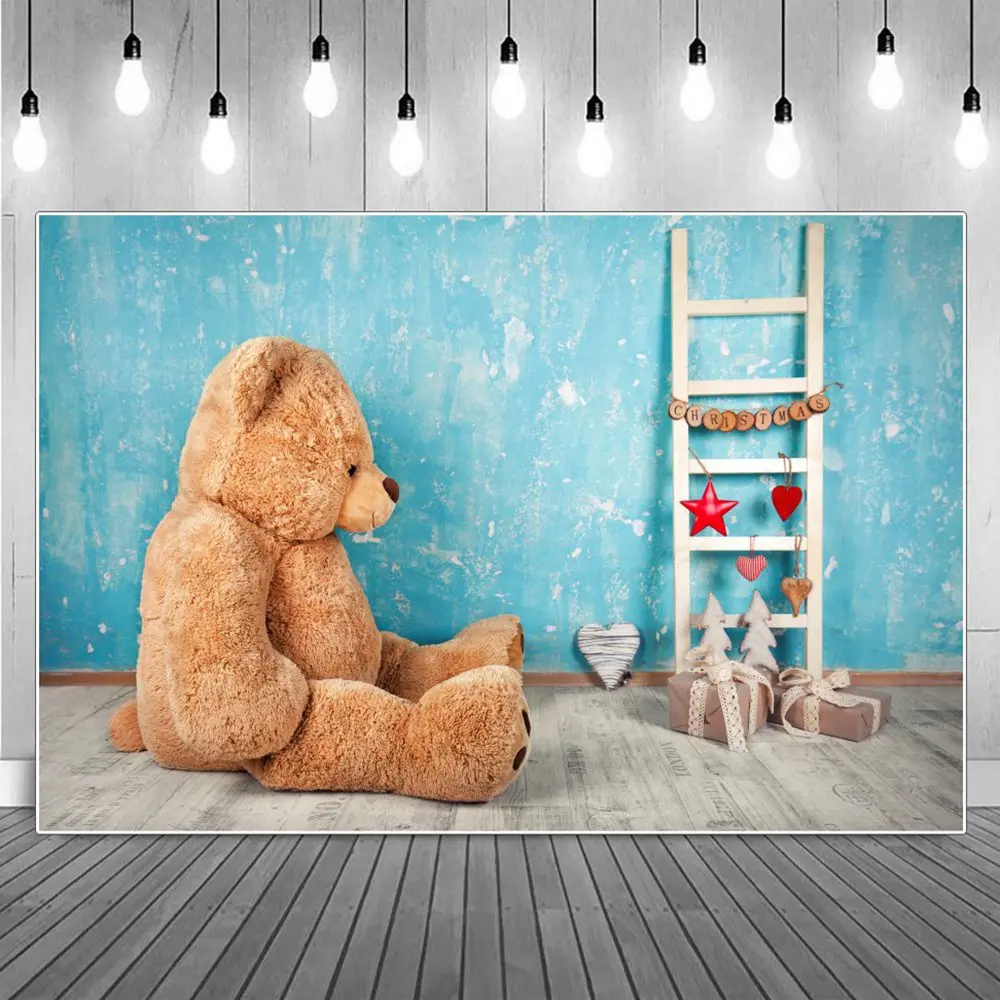 

Baby Teddybear Ladder Birthday Party Decoration Photography Backdrop Kids Retro Blue Wall Wooden Floor Photocall Gift Background
