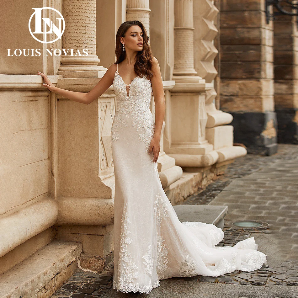 

Женское свадебное платье с юбкой-годе LOUIS NOVIAS, белое платье на тонких бретельках с аппликацией и блестками, элегантное платье с открытой спиной на лето 2024