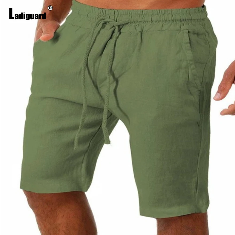 Ladiguard 2022 Stylish simplicity Drawstring Shorts Men All-match Stand pocket Short Pants Green White Casual Linen Beach Shorts