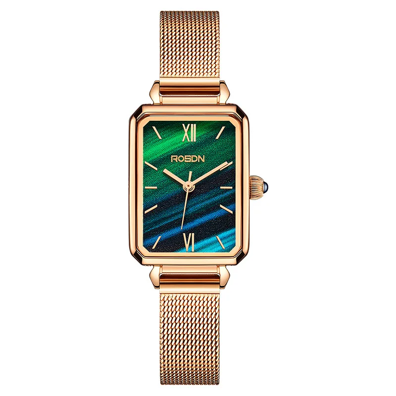 ROSDN Watch Women's Simple Temperament Retro Square Dial Women's Small Green Watch Sapphire Crystal Glass Mirror Dial Girl Gifts enlarge