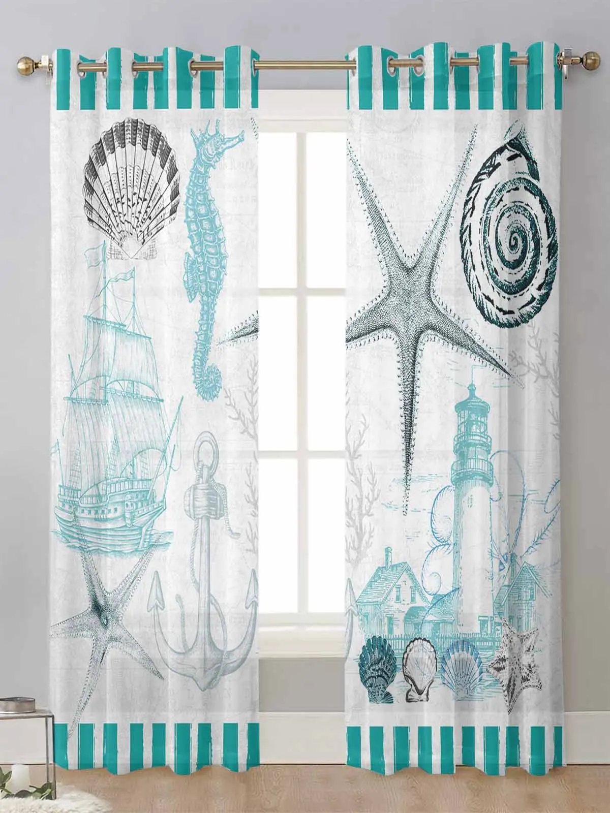 

Marine Texture Shells Starfish Lighthouse Anchor Sheer Curtains Living Room Window Voile Tulle Curtain Drapes Home Decor
