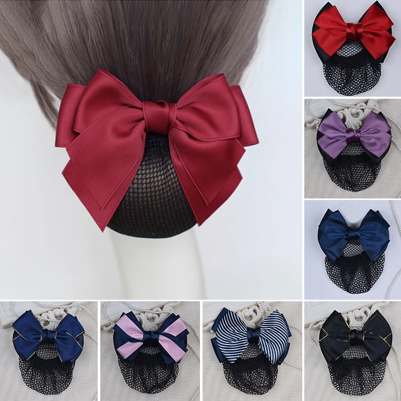 

Satin Bow Hair Net Double Bowknot Snood Hairnet Flight Attendant Ribbon Hair Bun Crochet Bun Net Snood Women Hair Accessories