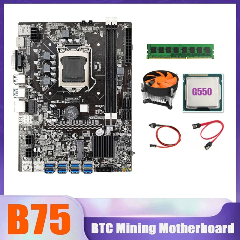 

B75 BTC Miner Motherboard 8XUSB+G550 CPU+DDR3 4G 1600Mhz RAM+CPU Cooling Fan+Switch Cable+SATA Cable USB Motherboard
