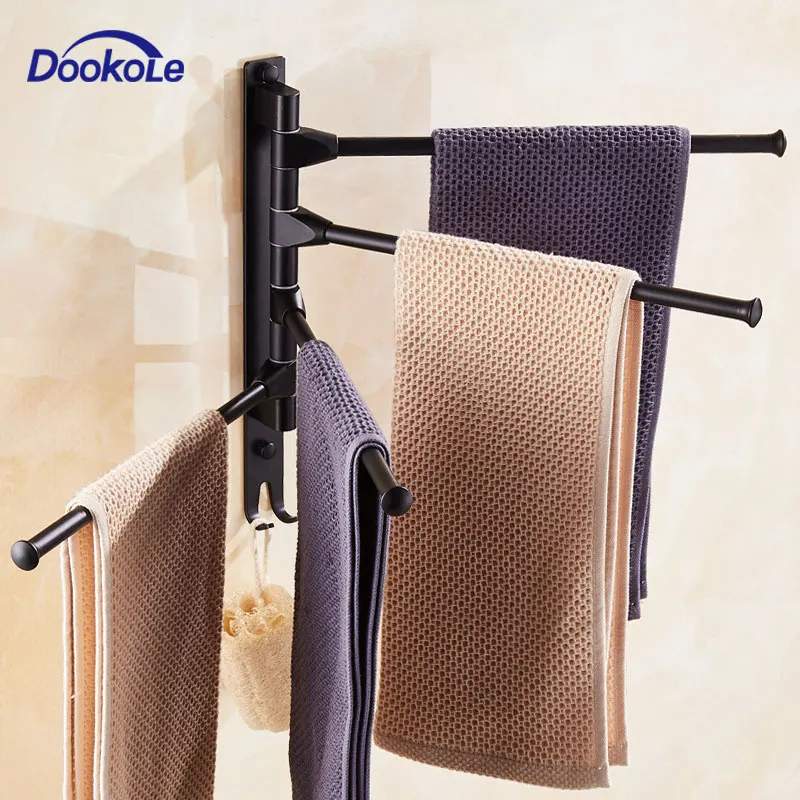 

DOOKOLE Swivel Towel Bar with 4 Arms Wall Mounted Towel Rail Towel Rack with Hook 180° Rotation Towel Holder Matte Black