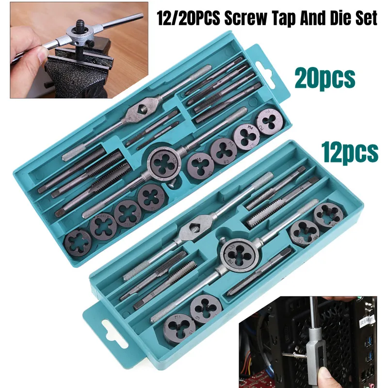 

Multifunction Tap and Die Set 12/20Pcs M3-M12 Metric Screw Thread Plugs Hand Screw Taps Straight Taper Tapping and Thread Tools