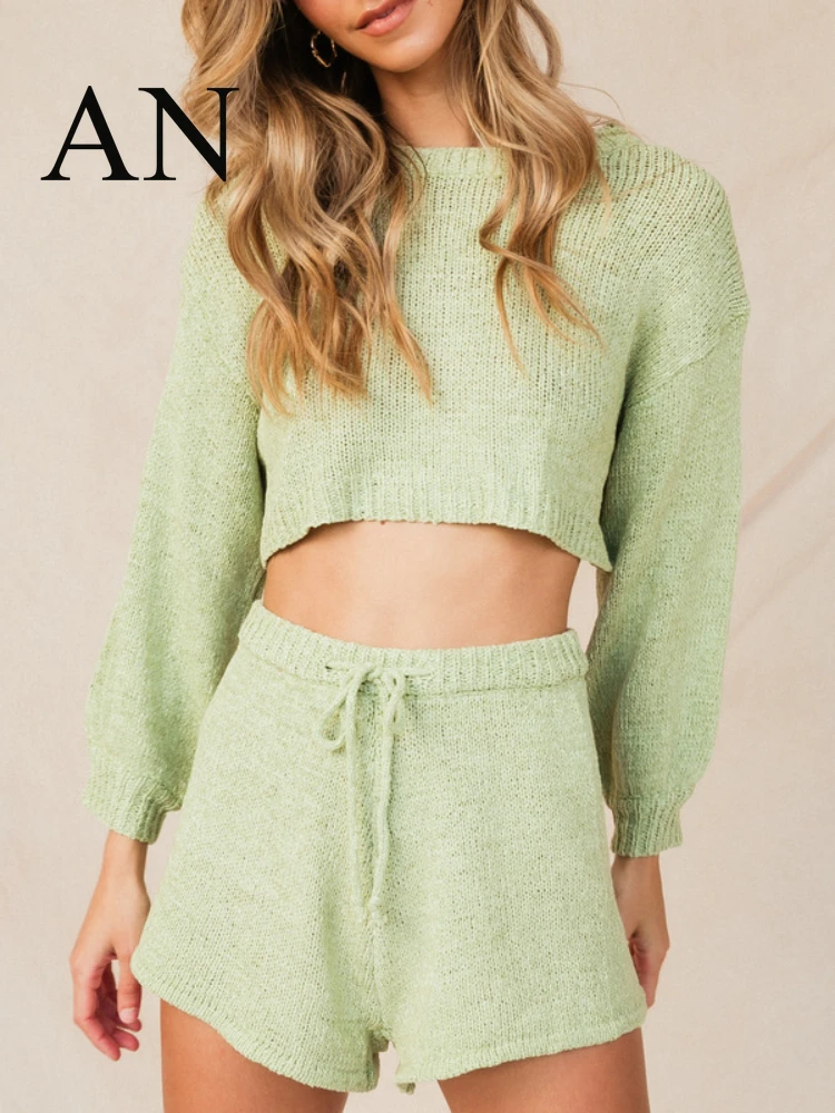 

2022 Summer Suit Women's Long Sleeve Leisure O-neck Loose Knitted High Waist Shorts Suit Two-piece Women Women's Tracksuit