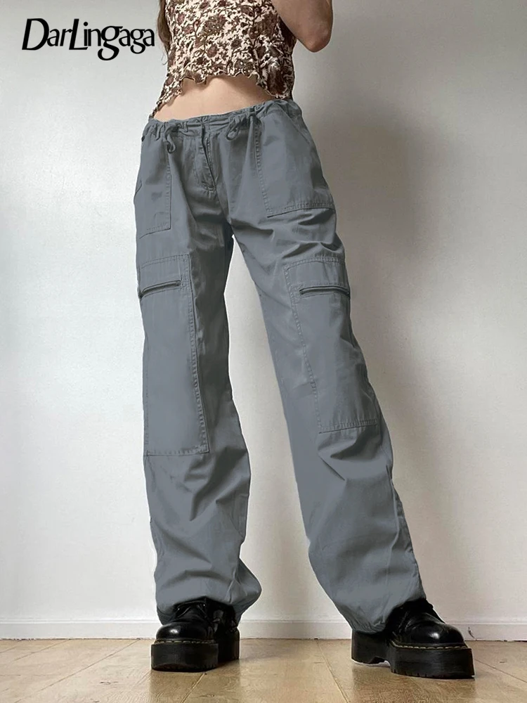

Darlingaga Harajuku Straight Grey Low Rise Cargo Pants Female Casual Solid Y2K Trousers Pockets Street Style Techwear Sweatpants