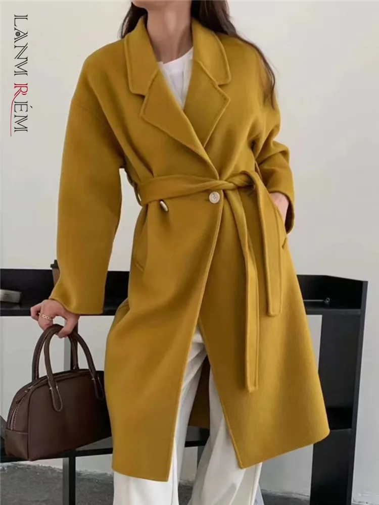 

[LANMREM] Elegant Lace-up Gathered Waist Woolen Coats For Women Double Breasted Fashion Warm Outwear 2023 Winter New 26D7127