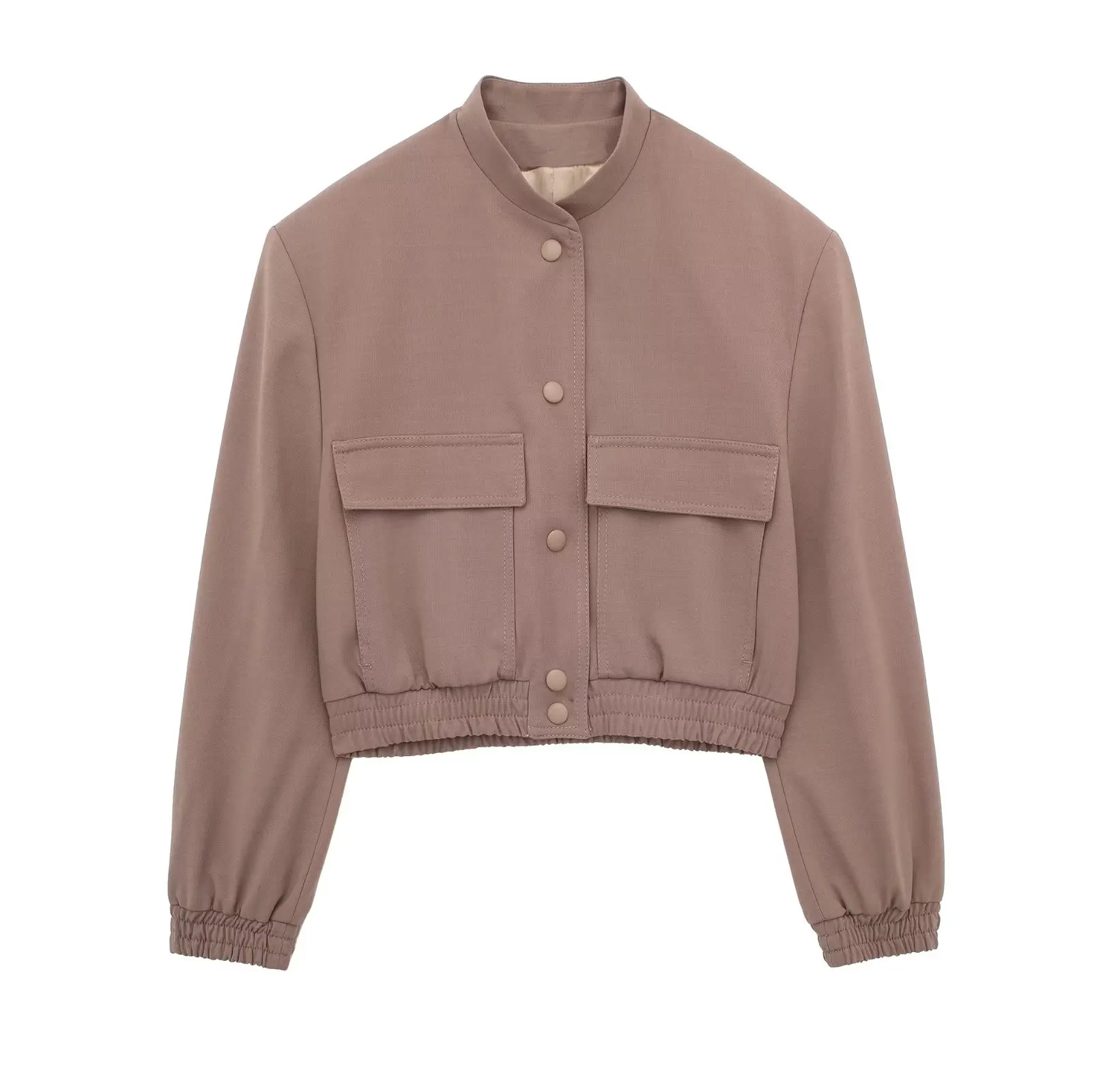 

Женская укороченная куртка-бомбер с длинными рукавами и большими карманами