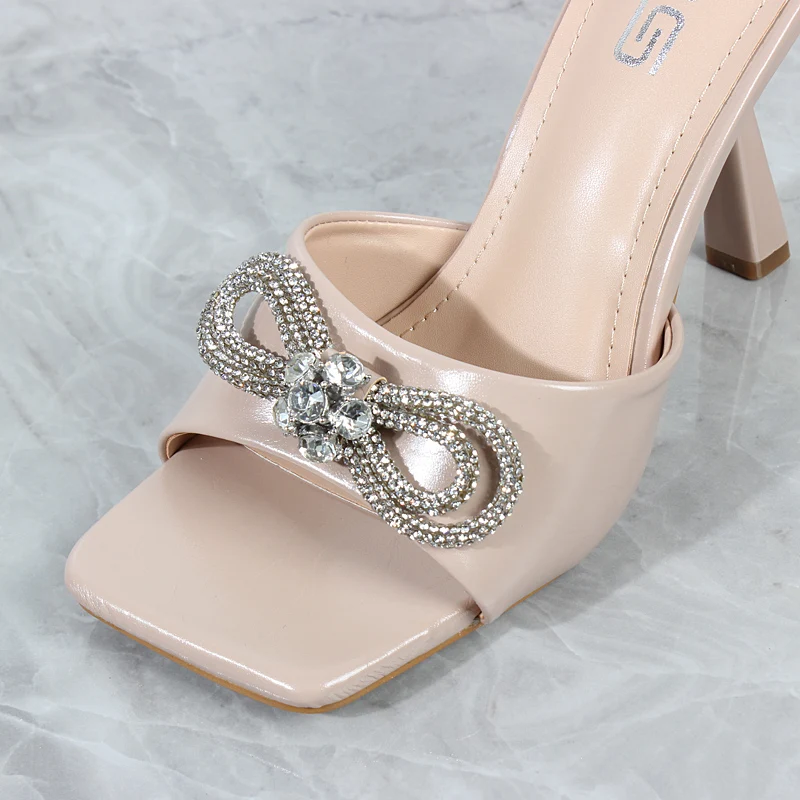 Modern Slippers 2023 Summer New PU Crystal Butterfliy-knot High Heel Shoes Stiletto Heel Outer Fashion Sexy Women Slippers