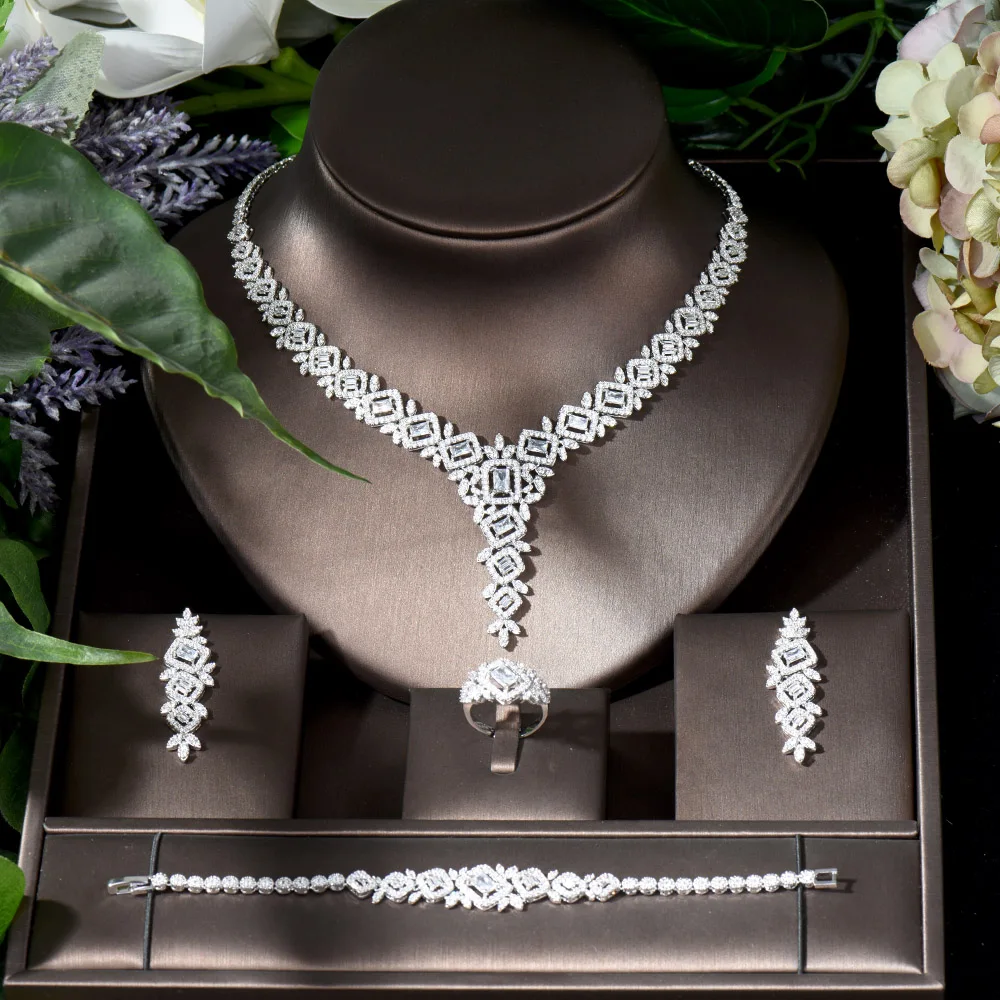 Fashion New Trendy 4PCS Nigeria Jewelry Set For Women Wedding Party Cubic Zircon Crystal Dubai Bridal Jewelry Set bijoux N-1160