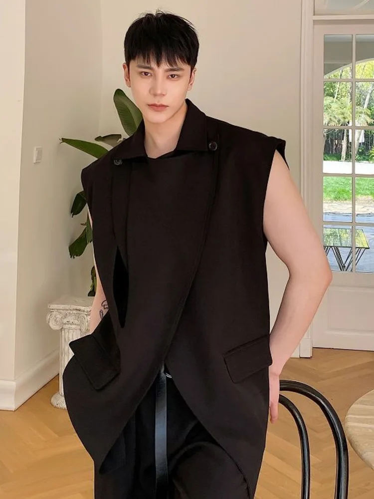 

SYUHGFA Korean Fashion Personality Simple Design Men Clothing 2022 Spring Sleeveless Vest Fashion Lapel Handsome Waistcoat