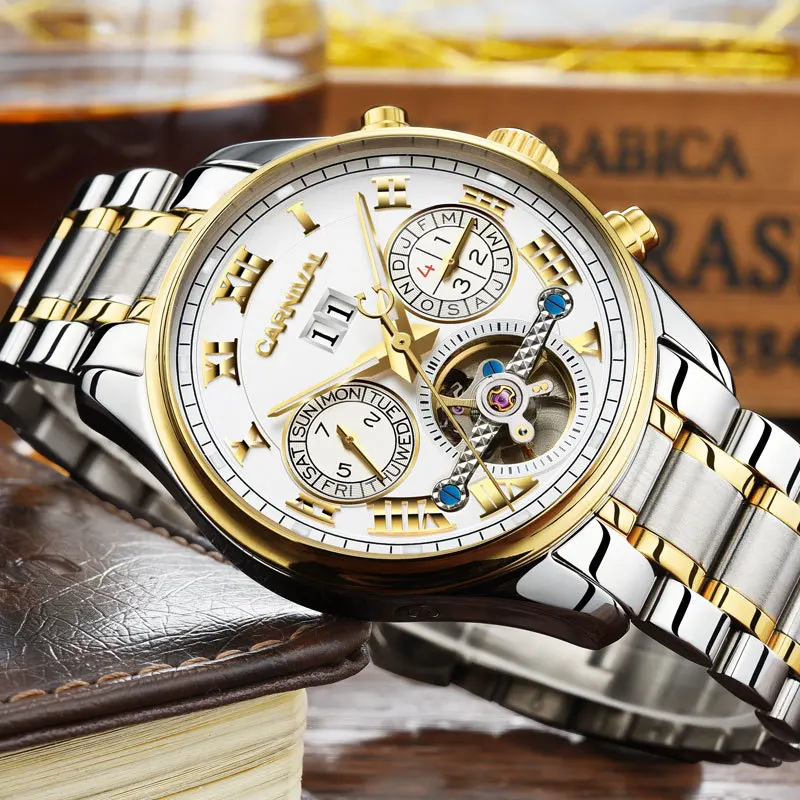 Carnival Brand Fashion Gold Automatic Watch Men Luxury Mechanical Wristwatch Luminous Hollow Military Clock Relogio Masculino