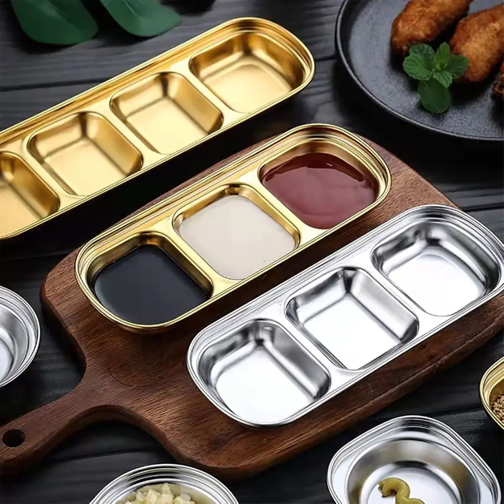 

Stainless Steel Sauce Dish Spice Plates Small Dish Gravy Boats Appetizer Serving Tray Rectangle Divided Oil Spice Dipping Tray