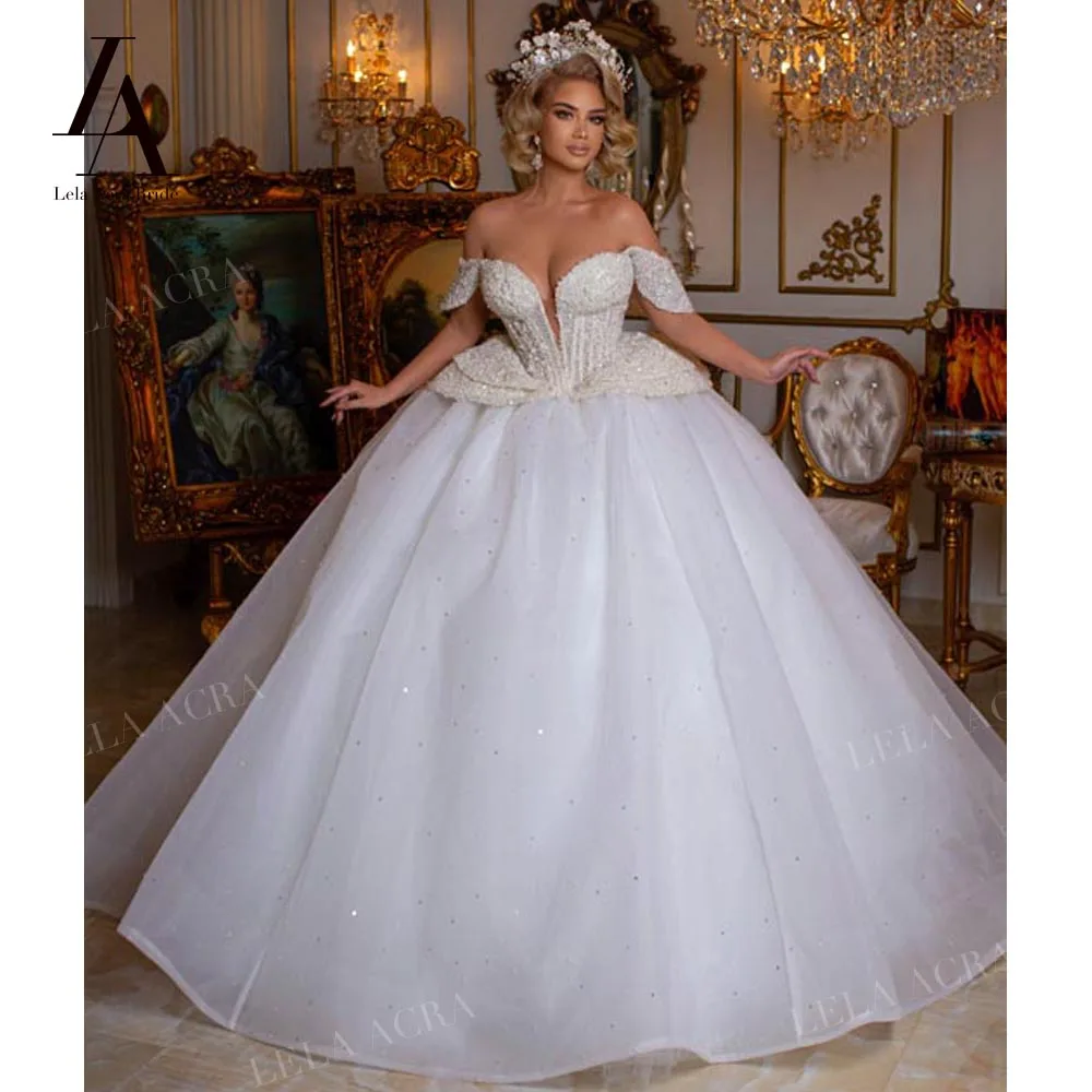

LelaAcra Off Shoulder Wedding Dress 2023 Beaded Sweetheart Ball Gown Court Train Princess Bride SF24 Plus Size Vestido de Noiva