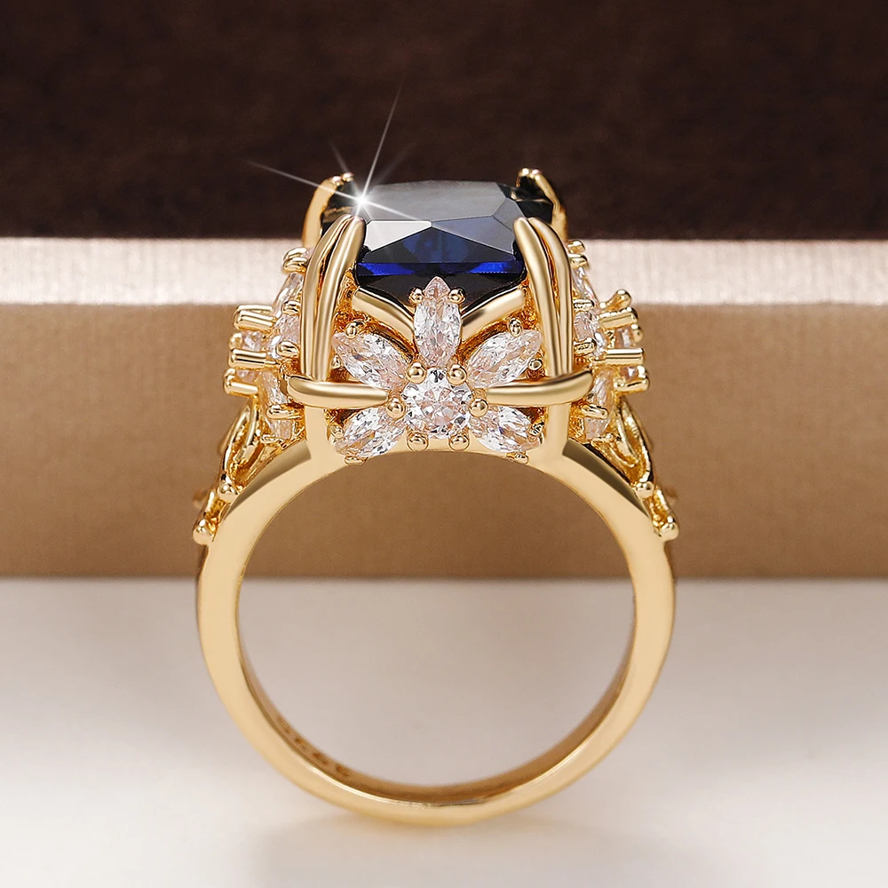

Huitan Gorgeous Dark Blue CZ Female Ring Dazzling Flower Design Aesthetic Women Accessories Anniversary Party New 2023 Jewelry