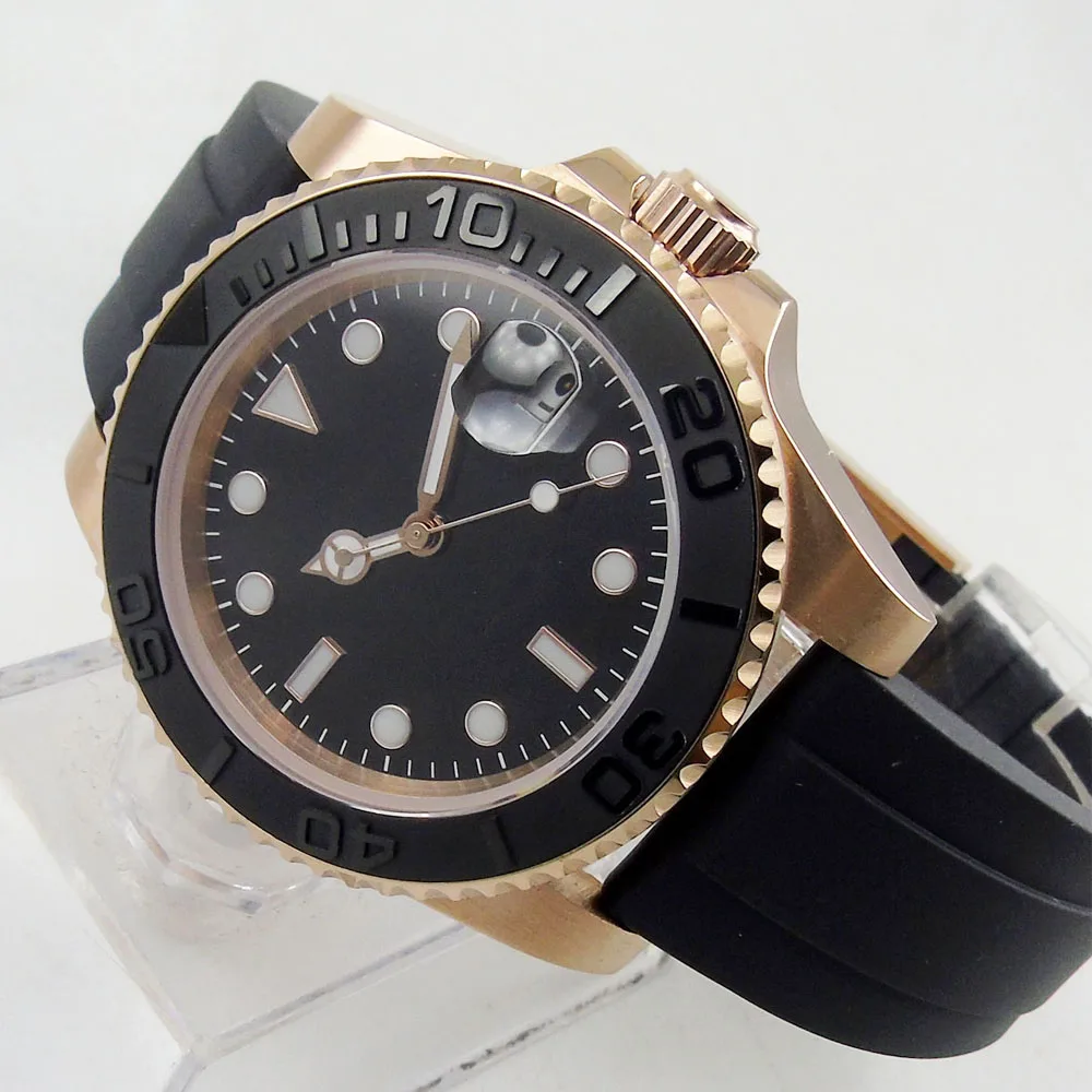 

ST 904L 40MM Automatic Mechanical Watch Black Dial Mens Watches Rubber Strap Bracelet Men Wristwatches Steel Sapphire Glass
