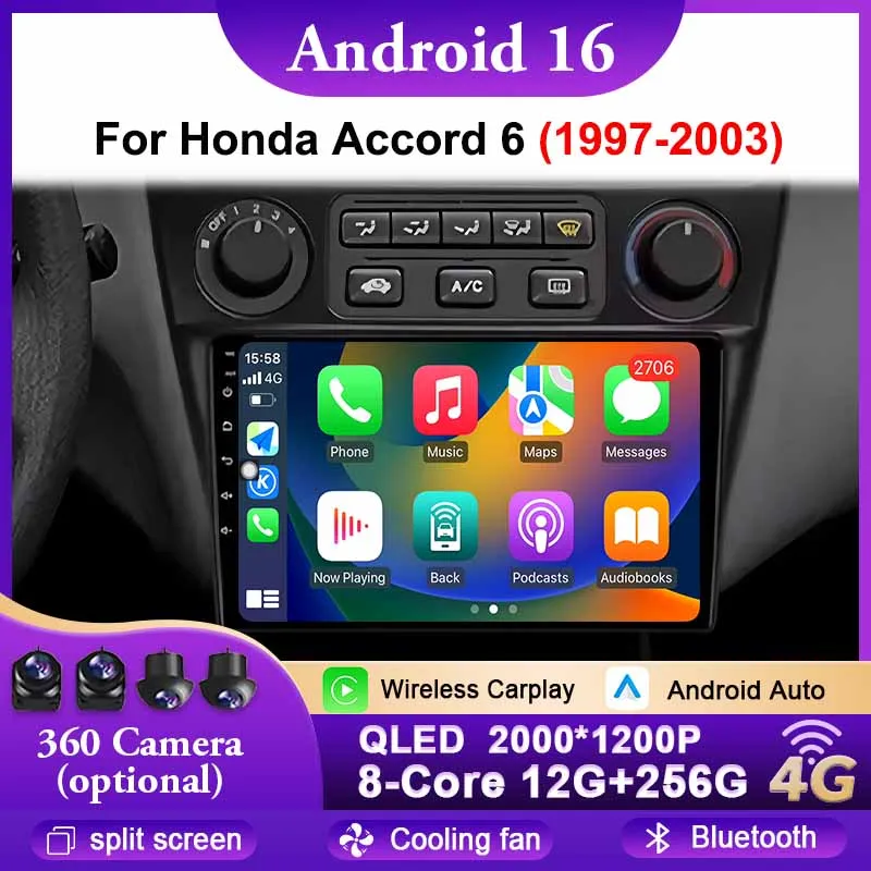 Фото Для Honda Accord 6 1997-2003 Android 16 2K QLED Авто Радио Сенсорный экран Мультимедийный видеоплеер GPS-навигация DSP 4G WIFI BT №1