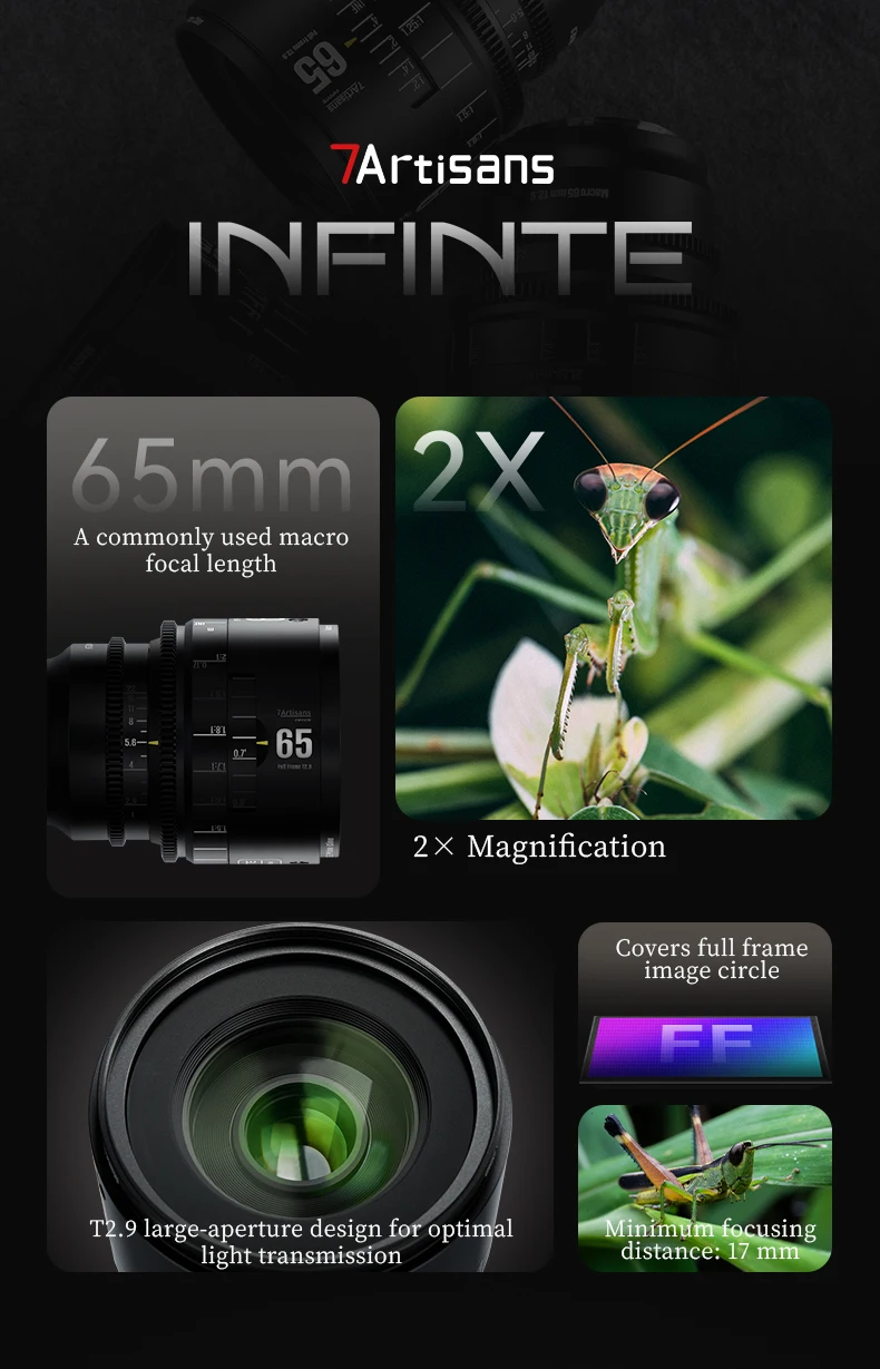 Фото 7artisans INFINTE 65mm T2.9 2X Макро полнокадровый объектив с большой апертурой и ручной фокусировкой для камер Sony E, Nikon Z, Canon RF №4