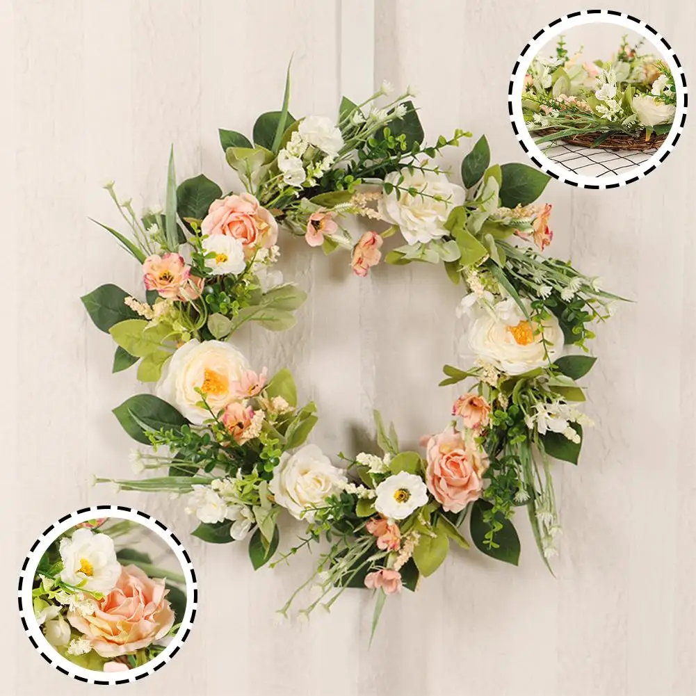 

40CM Pink & White Artificial Flower Wreath Foliage Wedding Decoration Wall Hanging Wreath Artificial Flowers For Door Wreath